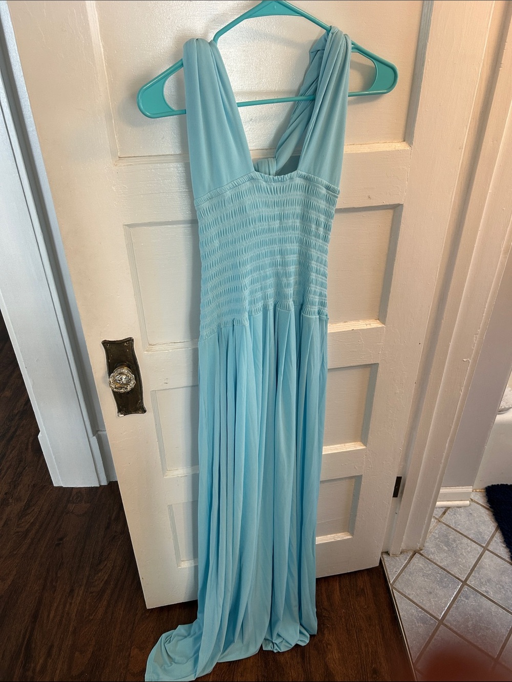 Sky Blue Smocked Maxi Dress with V-Neck Straps